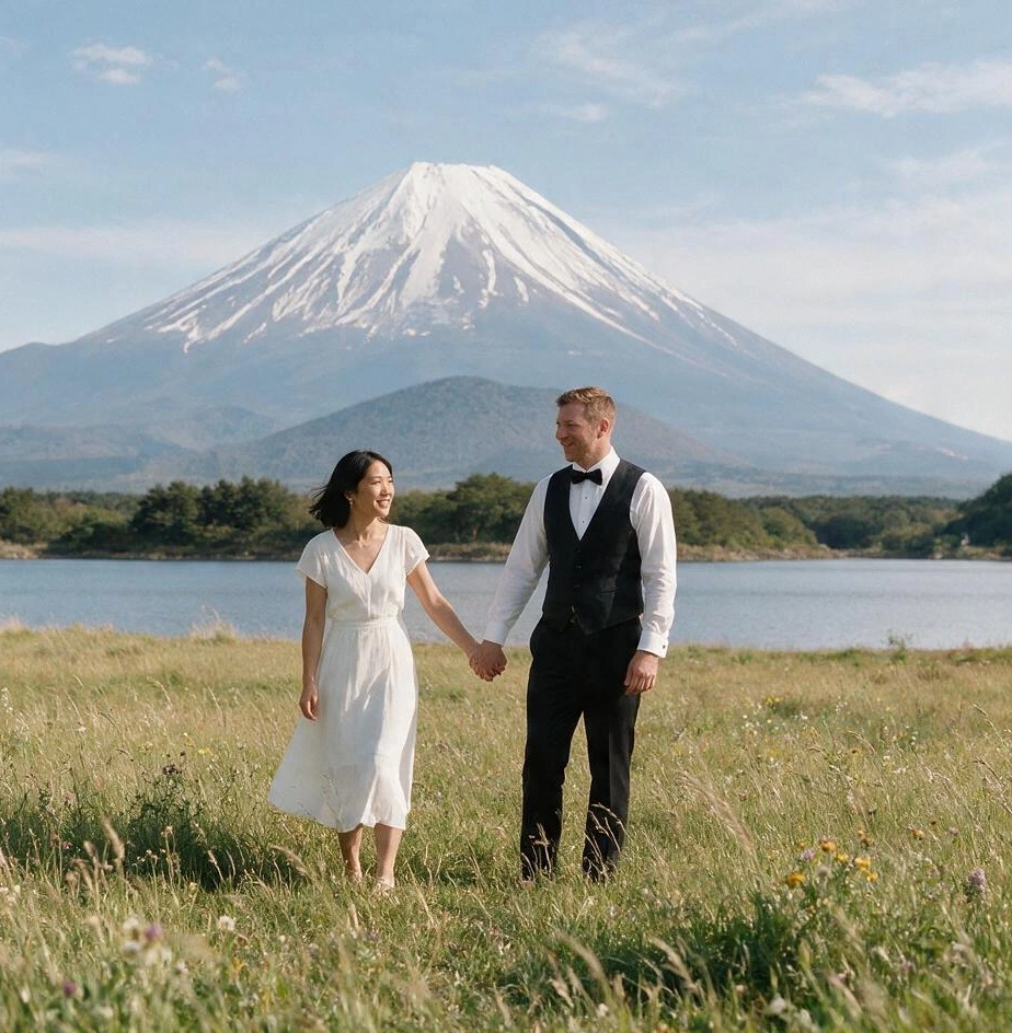A couple in wedding dress and suit walking a meadow below Mount Fuji