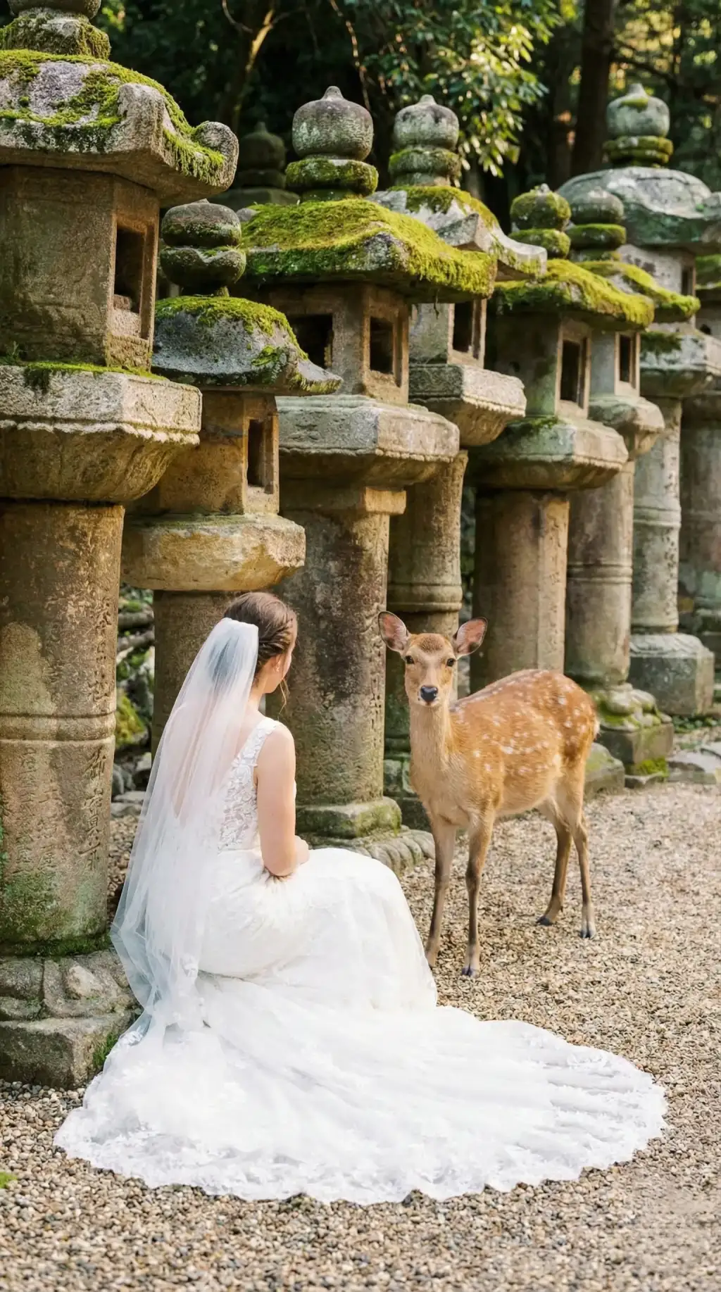 A bride in a white dress among moss-covered stone lanterns in Nara, a wild deer beside her