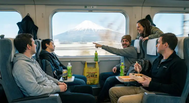 Group traveling by bullet train across Japan