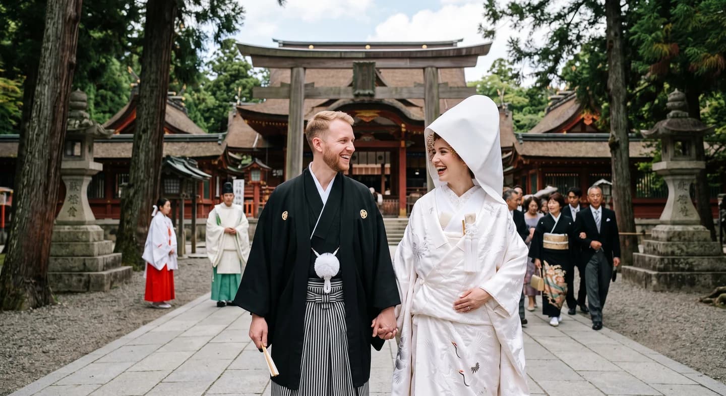 International couple walking out of a Shinto shrine, the bride in a white shiromuku and wataboshi hood and the groom in a black crested montsuki-hakama
