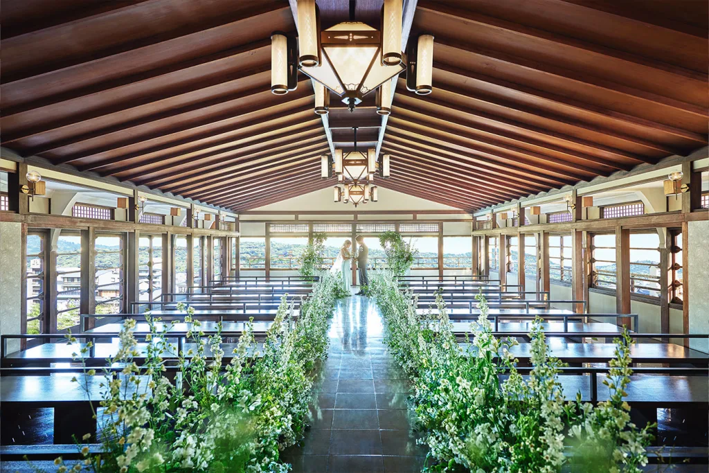 The top-floor chapel at Funatsuru, with the Kyoto rooftops beyond the windows